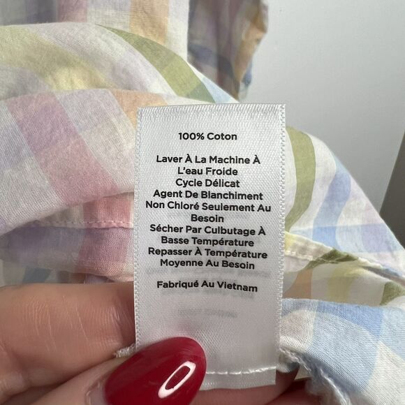 Talbots Size M Ruffle Tunic Top Rainbow Plaid Lightweight Ladder Trim Split Neck - Picture 10 of 13